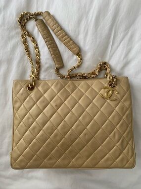 CHANEL Vintage Beige Quilted Lambskin CC Charm Chain Tote Bag Gold Hardware 2011